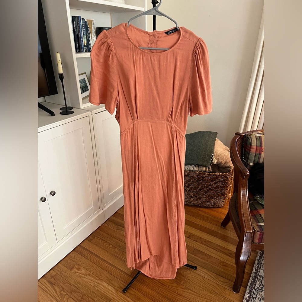 Zara Coral Linen Open-Back Dress